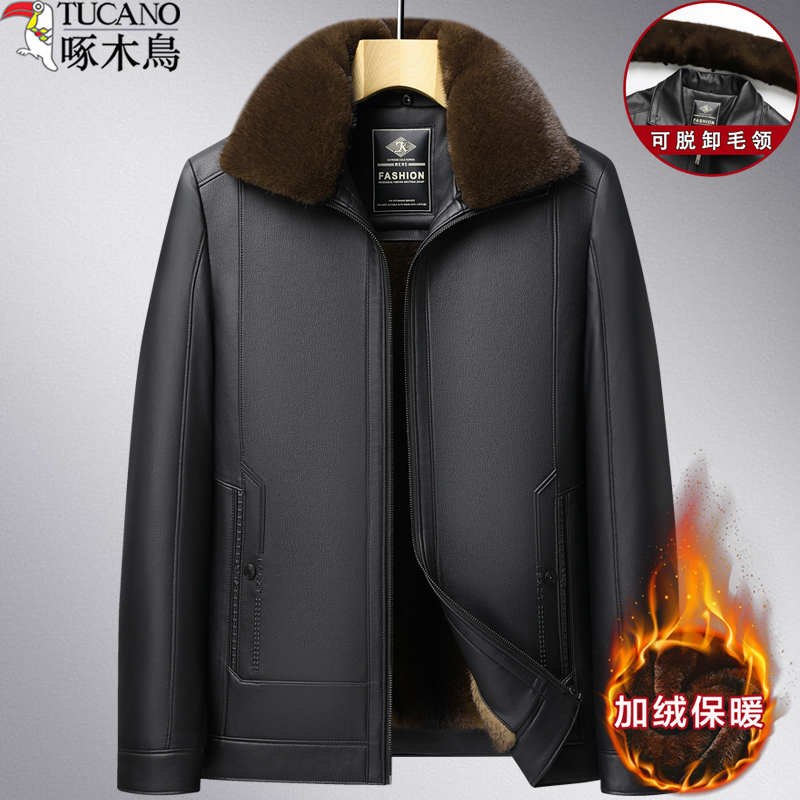 啄木鸟中老年人男士皮夹克加绒加厚款冬季皮毛一体爸爸装皮衣外套 - 图0