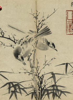 朱瞻基画竹树双鹊图卷仿古国画