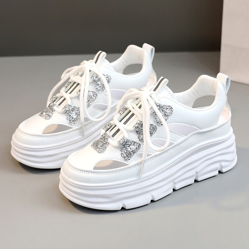 Large size 41 to 43 small white shoes women's shoes summer u hollow wedge heel inner heighten sneakers showing feet small holes Baotou cool