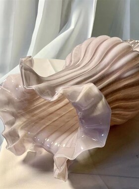 中古玻璃花瓶客厅插花高级感百褶裙法式复古琉璃摆件餐桌软瓶鱼尾