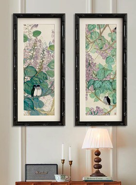 《紫藤恋语》g中古风绿色花鸟风景竖版挂画实木画框玄关边柜装饰