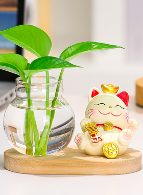 国潮招财猫木底水培玻璃花瓶摆件
