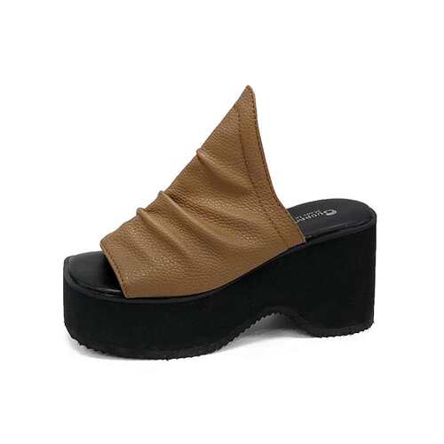 women shoes女夏新款松糕厚底一字褶皱大码鱼嘴凉拖外贸女拖2024 - 图3