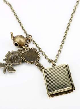 欧美创意复古美女与野兽魔法相册茶壶魔镜玫瑰花吊坠项链毛衣链