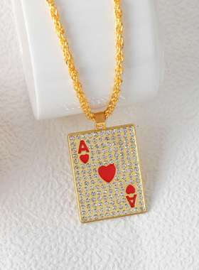 个性镶钻红桃黑桃A扑克牌吊坠项链欧美嘻哈潮男女毛衣链配饰