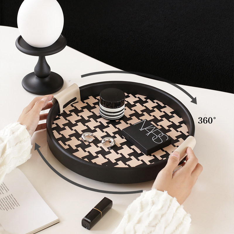 CMYD原创设计中古千鸟格圆形旋转双耳托盘首饰香薰收纳盘送礼摆件,淘宝优惠券,粉丝福利购,淘宝优惠卷