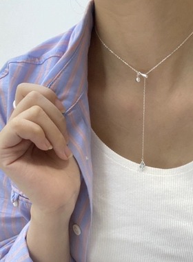 S925银锁骨链小众设计感蓝色水滴立锆项链女抽拉式可调节气质项链