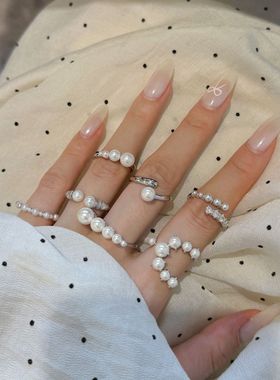 珍珠锆石镶嵌925纯银ins风戒指女