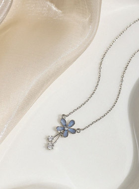 女神款银S925蓝色小花朵项链小清新锁骨链气质百搭甜美新款9-14v
