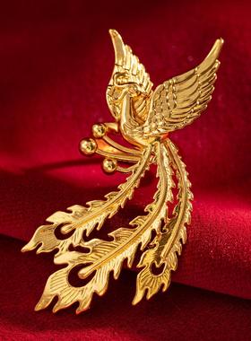 金店同款沙金凤凰戒指黄金色可调节新娘首饰婚戒手饰品秀禾服指环