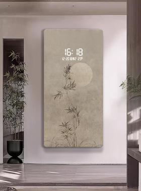 水墨山水玄关装饰画LED夜光电子时钟新中式正对门走廊过道挂画竖