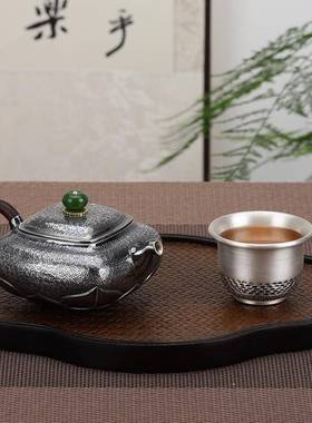 典工堂银茶壶四方莲花泡茶壶纯手工一张打足银家用茶具沏茶器