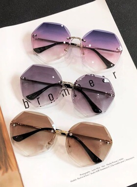 欧美新款无框切边墨镜女韩版潮圆脸复古sunglasses个性潮流太阳镜