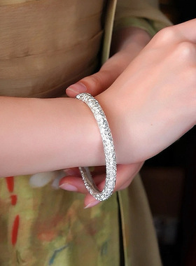 白铜梅花实心纯手工錾刻银色百花魁复古精致手镯镀纯银不掉色夸张