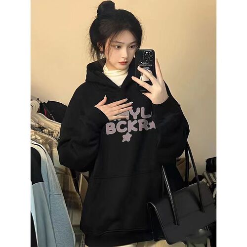 春秋薄款宽松小个子慵懒oversize外套美式高街hiphop连帽卫衣女