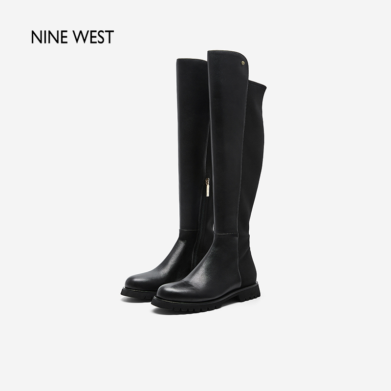 Nine West/玖熙女鞋冬季清仓款平跟长筒靴女圆头羊皮舒适骑士靴子 - 图0
