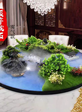 酒店餐厅园桌转盘灯光雾化中间摆花摆件新中式仿真花装饰品山水景