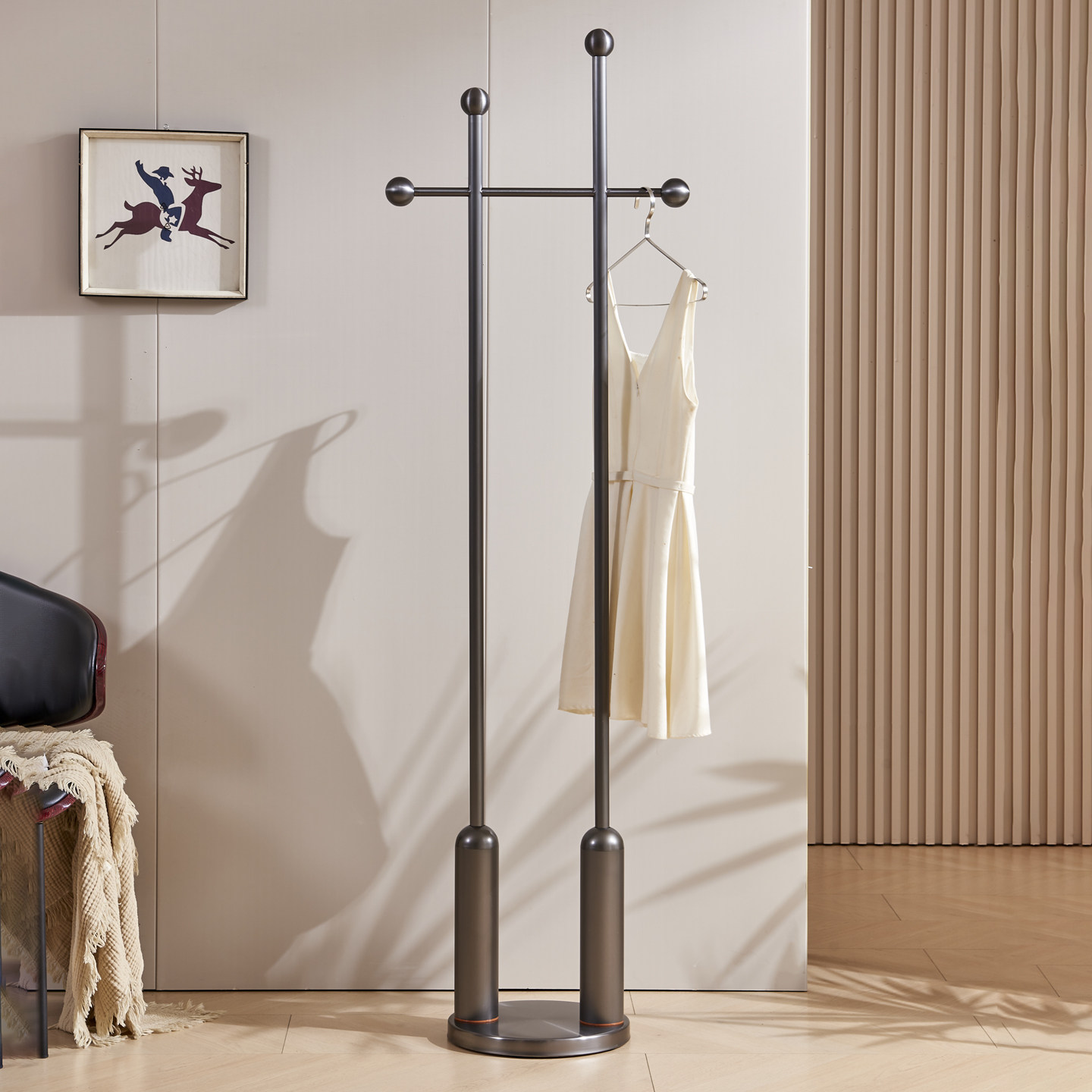 落地挂衣架卧室立式中古风衣服架子不锈钢衣帽架家用转角入户衣架 - 图2