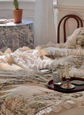 欧式复古油画风小众轻奢百搭纯棉斜纹全棉床裙款别墅床品四件套