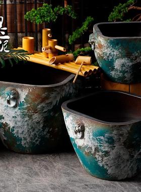 复古陶瓷仿古大缸浮世绘鱼缸落地摆件庭院园林粗陶手工流水水景盆