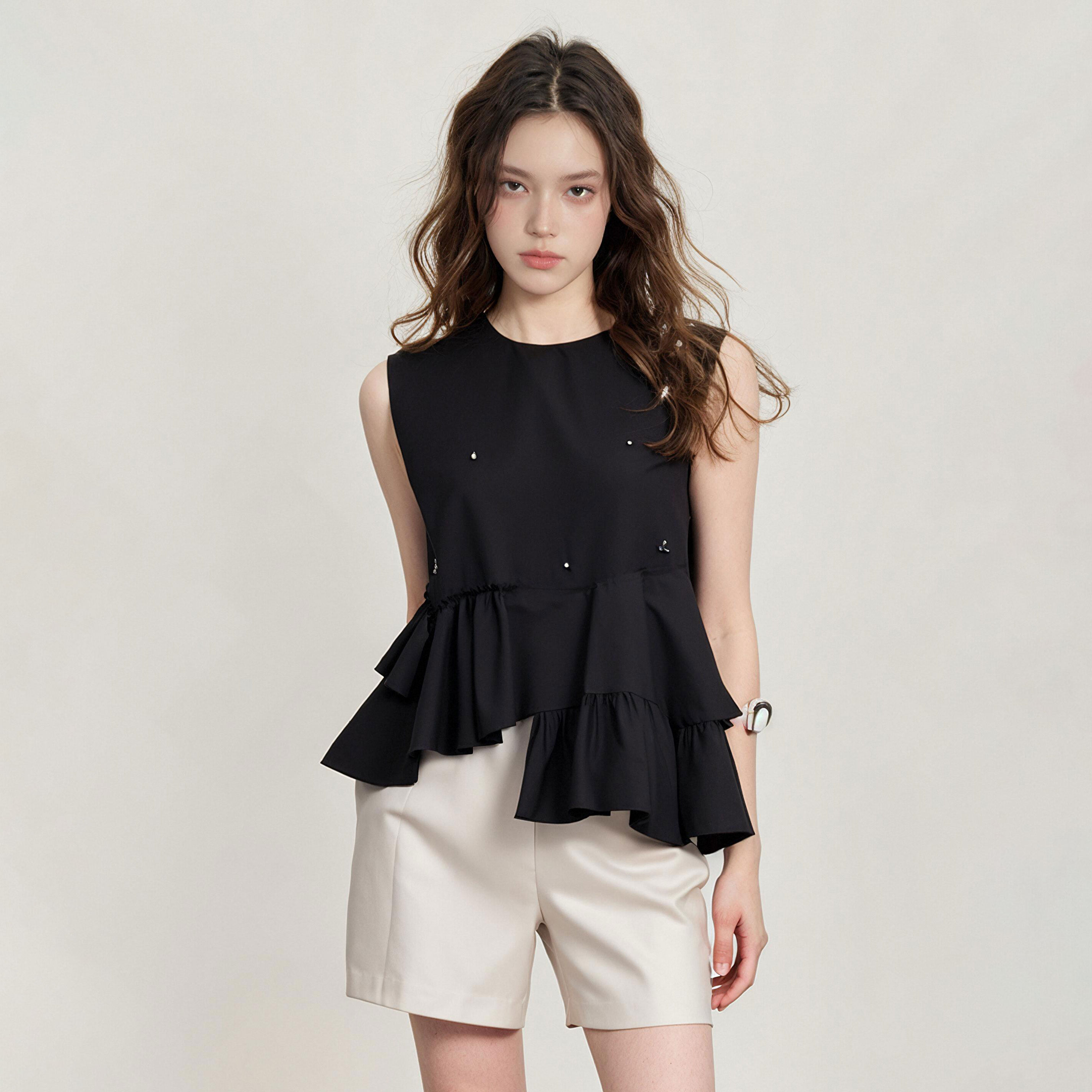 法式荷叶边无袖衬衫女2025夏季新款