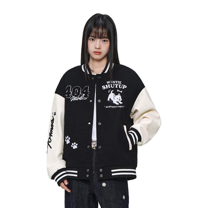 404MOB可爱毛绒小狗刺绣2025棒球服外套男女美式宽松学院设计夹克 - 图1