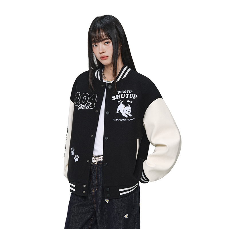 404MOB可爱毛绒小狗刺绣2025棒球服外套男女美式宽松学院设计夹克 - 图2