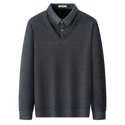 红蜻蜓中年男士毛衣加绒加厚假两件新款保暖内搭爸爸装针织打底衫