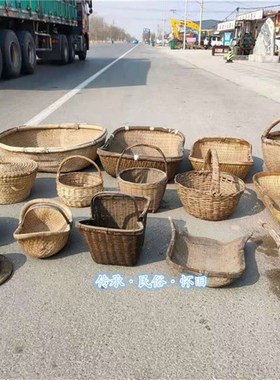 民俗怀旧老物件柳编针线簸箩簸箕柳条篮元宝蓝竹编提篮主题餐厅饰