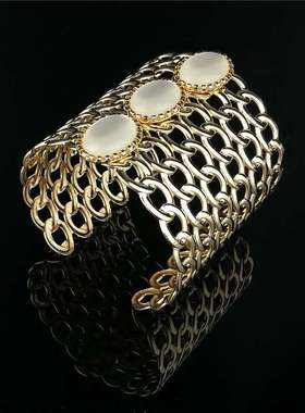 欧美夸张个性几何手饰时尚猫眼石镶嵌手镯开口大手环现货