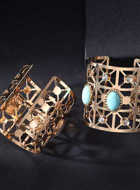 热卖欧美夸张金属开口手镯椭圆松石简约个性潮流镂空手饰品