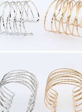 欧美夸张朋克臂镯镂空双层交叉臂环网状金属手环开口手镯