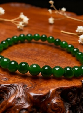 天然和田玉碧玉手串6mm女款轻奢菠菜绿串珠单圈冰底油润真玉手链