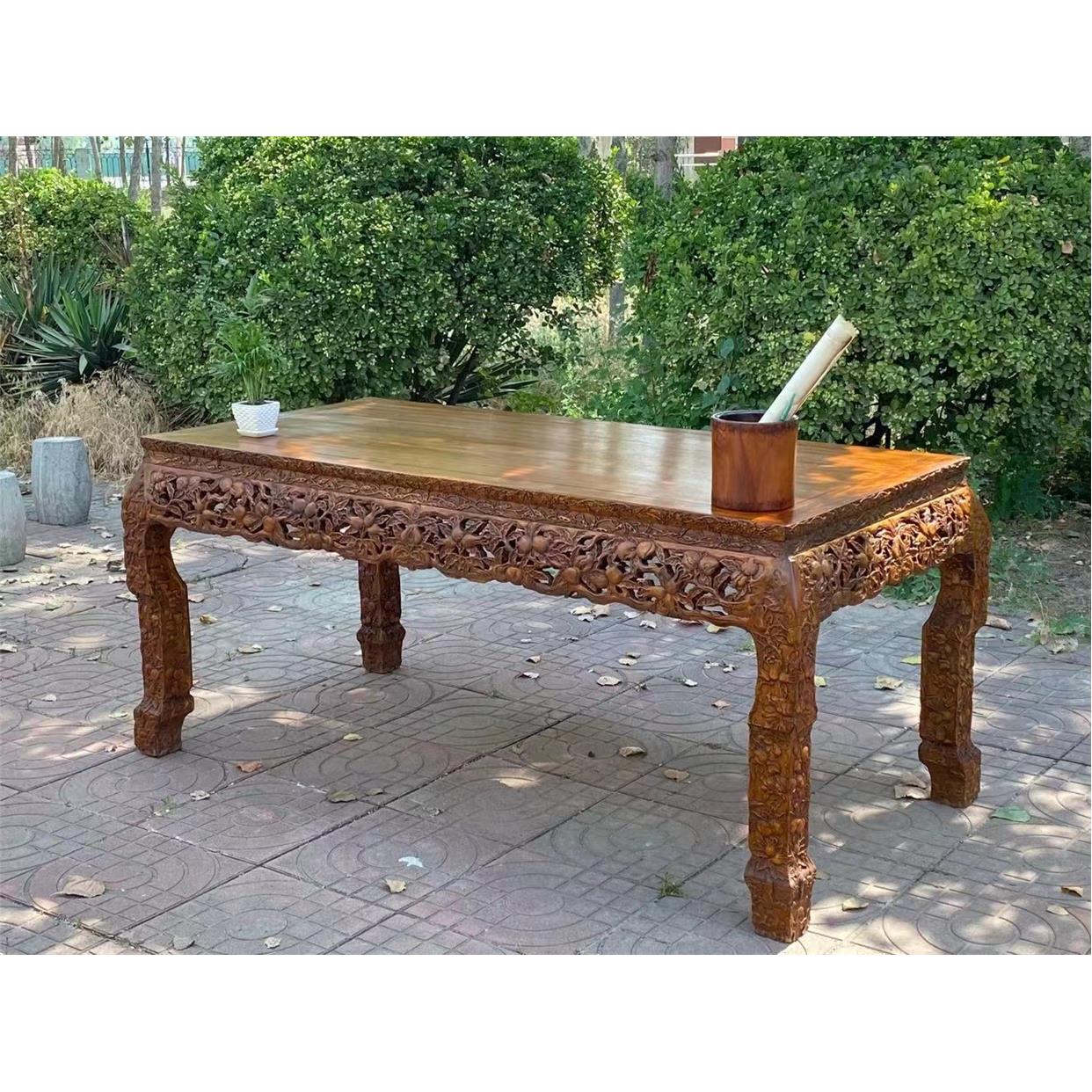 缅甸花梨木纯手工四面高浮雕喜上眉梢明式四平画案石榴花束腰画案 - 图2