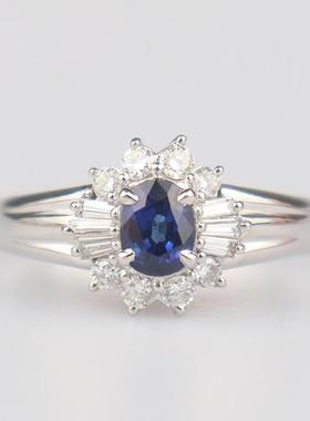 中古95新日本进口商品椭圆形切工蓝宝石钻石戒指铂金90056号