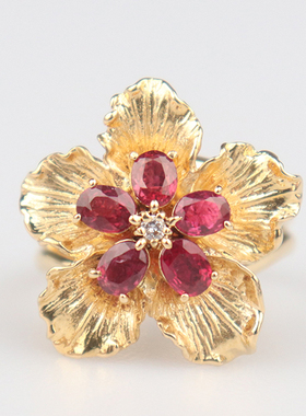 中古95新日本进口商品花形5颗红宝石钻石戒指K18黄金51号