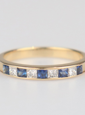 中古95新日本进口商品公主方型蓝宝石钻石排镶戒指K18黄金54号