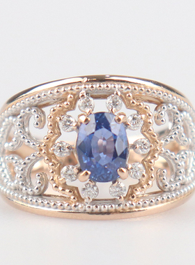 中古95新日本进口商品复古镂空无烧蓝宝石钻石戒指K18三色金52号