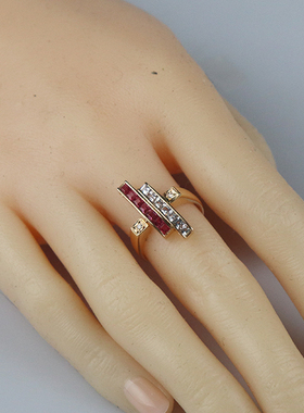 「9.5新」日本进口商品灵动红宝石白色蓝宝石钻石戒指K18黄金53号