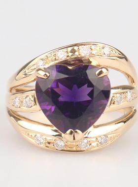 中古95新日本进口商品心形切工紫水晶钻石戒指K18黄金51号