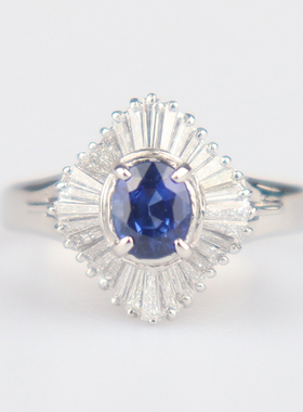 中古95新日本进口商品椭圆型切工蓝宝石群镶钻石戒指铂金90055号