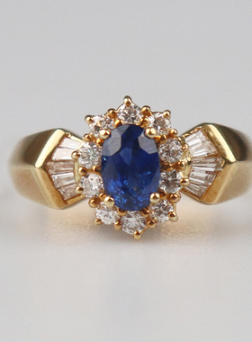 「9.5新」日本进口商品椭圆形切工蓝宝石钻石戒指K18黄金51号