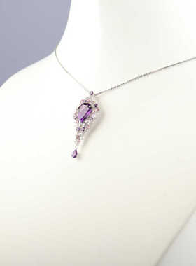 中古95新日本进口商品水滴形切工紫晶钻石K18白金45cm项链