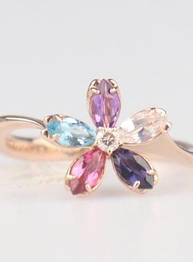 中古95新日本进口商品马眼形切工彩宝石钻石戒指K18黄金52号