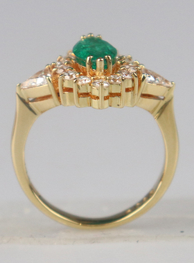 「9.5新」日本进口商品马眼型切工祖母绿钻石戒指K18黄金51号