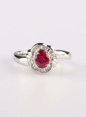 中古95新日本进口商品椭圆形切工红宝石钻石铂金900 55号戒指