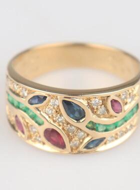 中古95新日本进口商品红蓝宝石祖母绿钻石戒指K18黄金525号