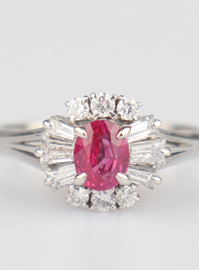 中古95新日本进口商品椭圆型切工钻石红宝石铂金90056号戒指