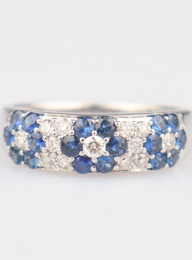 中古95新日本进口商品群镶蓝宝石钻石戒指K18白金56号