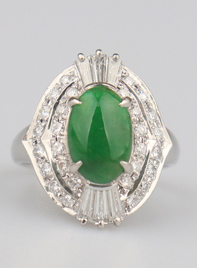 中古95新凸圆形切工翡翠钻石戒指铂金90052号